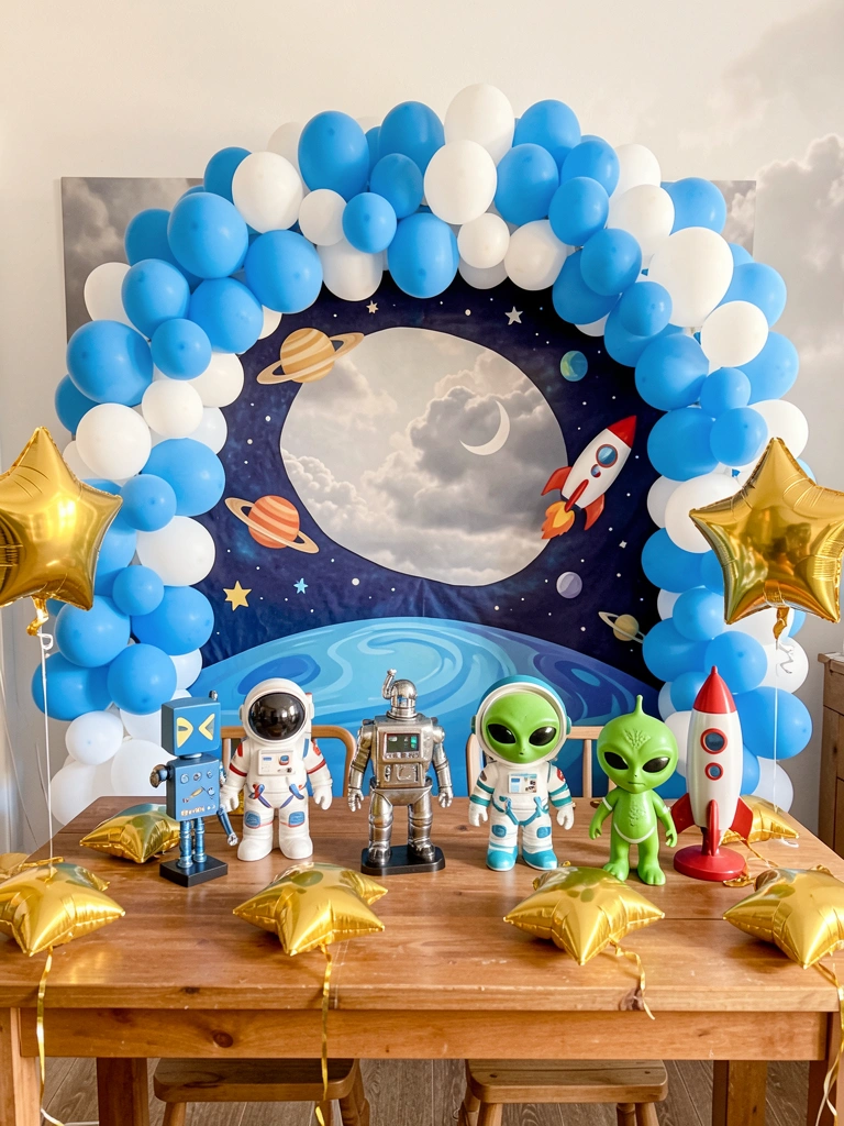 Mesa de madeira com astronauta, robô, alienígena verde e foguete de brinquedo, guirlanda de balões azul e branca e balões estrela dourados, fundo com céu nublado e lua crescente.