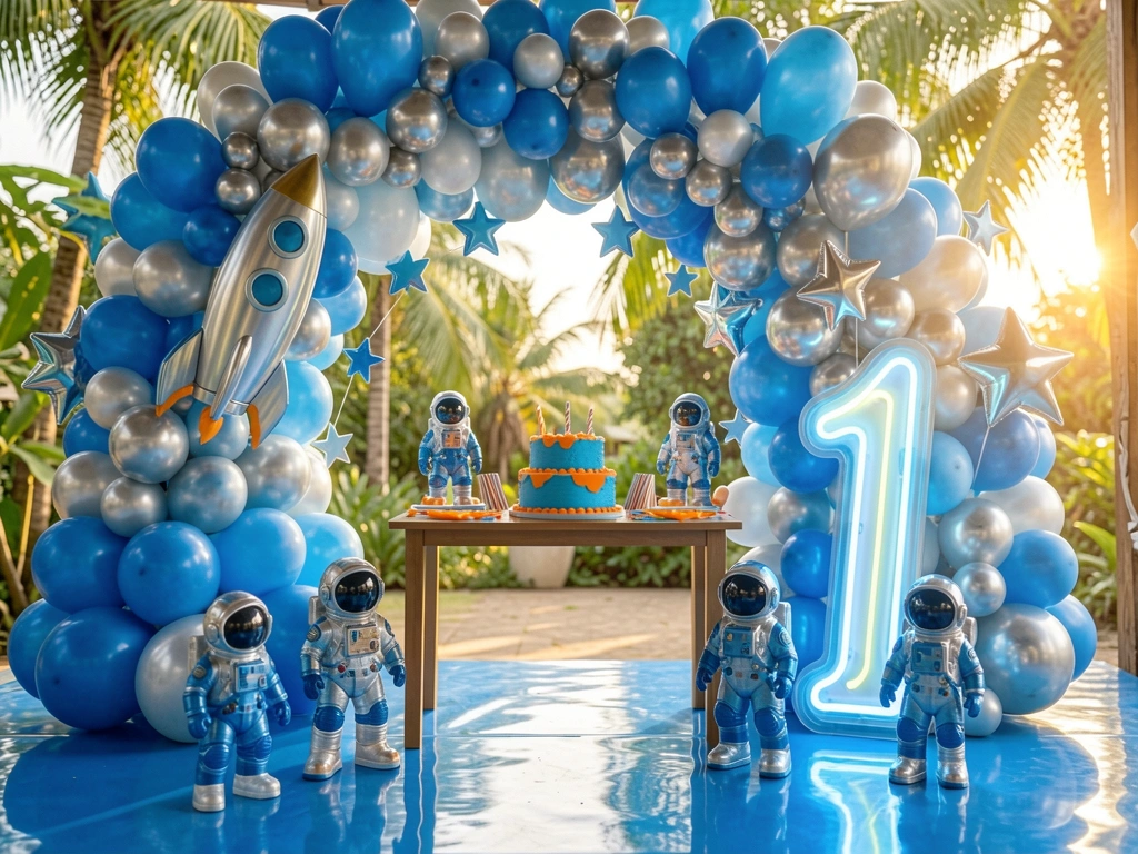 Arco de balões azuis e prateados em formato de foguete, astronautas em miniatura e bolo azul e laranja sobre superfície reflexiva, luz natural.