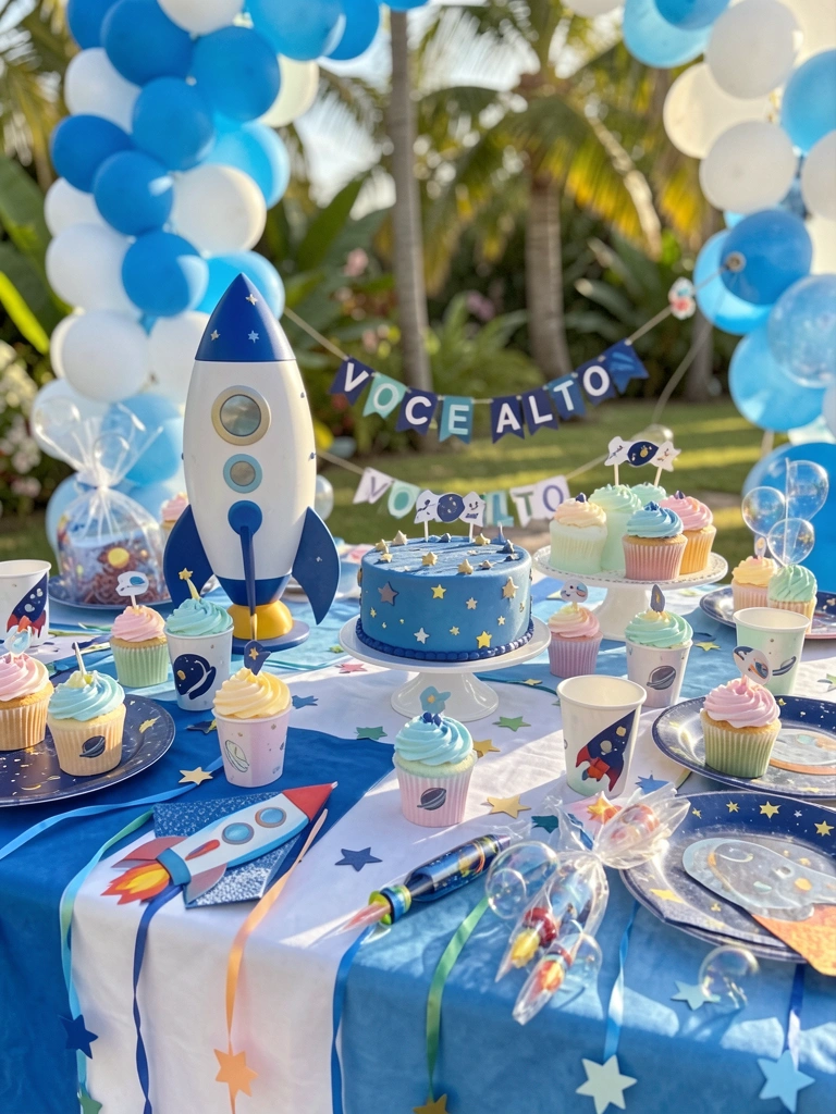 Mesa de festa com foguete azul e branco, bolo decorado com estrelas e banner 