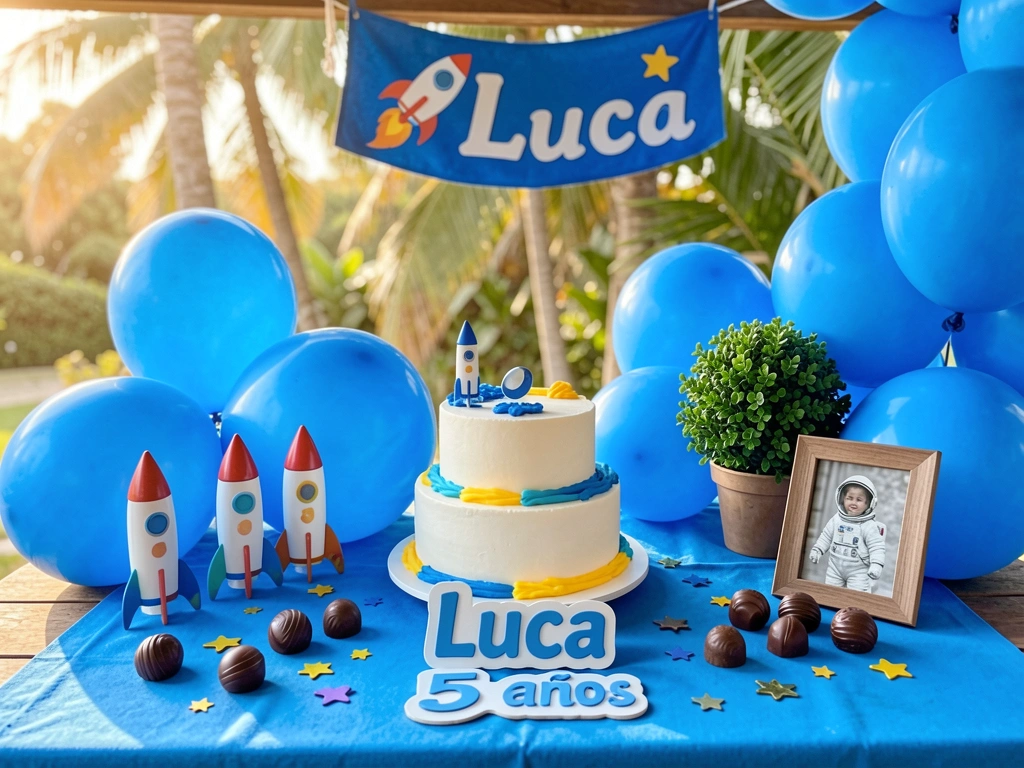 Bolo branco com detalhes azuis e amarelos, balões azuis, foguetes de brinquedo e confetes estrelados sobre toalha azul, luz natural.