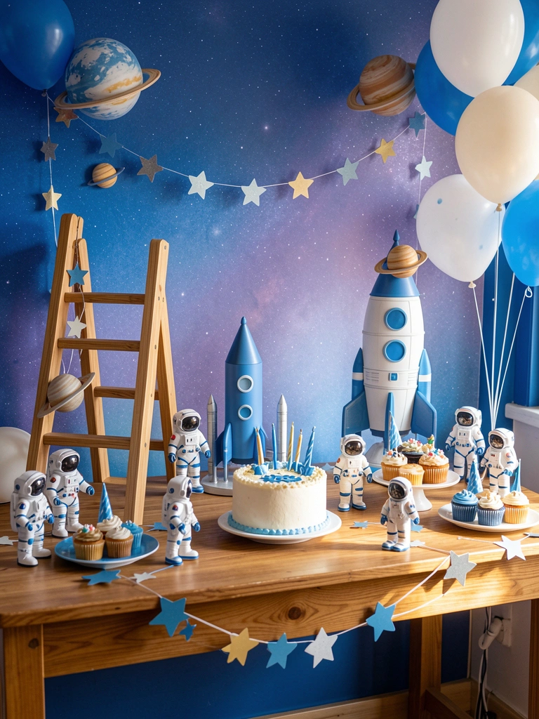 Mesa de madeira com bolo, cupcakes, astronauta de plástico e foguete miniatura; parede azul e fundo gradiente roxo simulando céu noturno.
