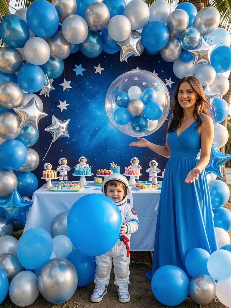 Criança de astronauta com balão azul em festa espacial com balões prateados e estrelas, mulher de vestido azul ao lado da mesa de doces.