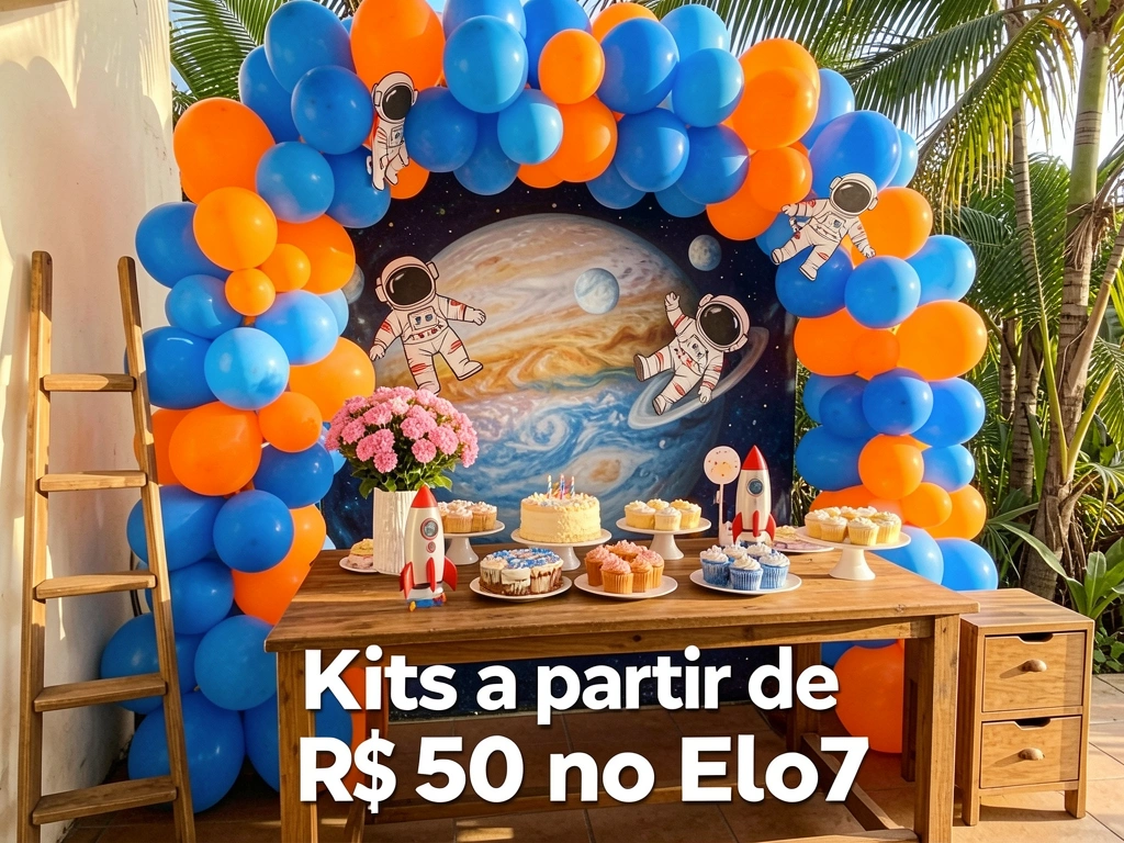 Balões azuis e laranjas em arco, com figuras de astronauta, mesa de madeira com bolo e cupcakes, bouquet de flores rosa e luz natural.