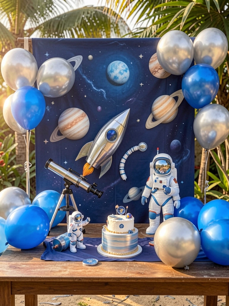 Mesa de madeira com bolo pequeno, astronauta de brinquedo, foguete e balões azuis e prateados sob luz natural tropical.