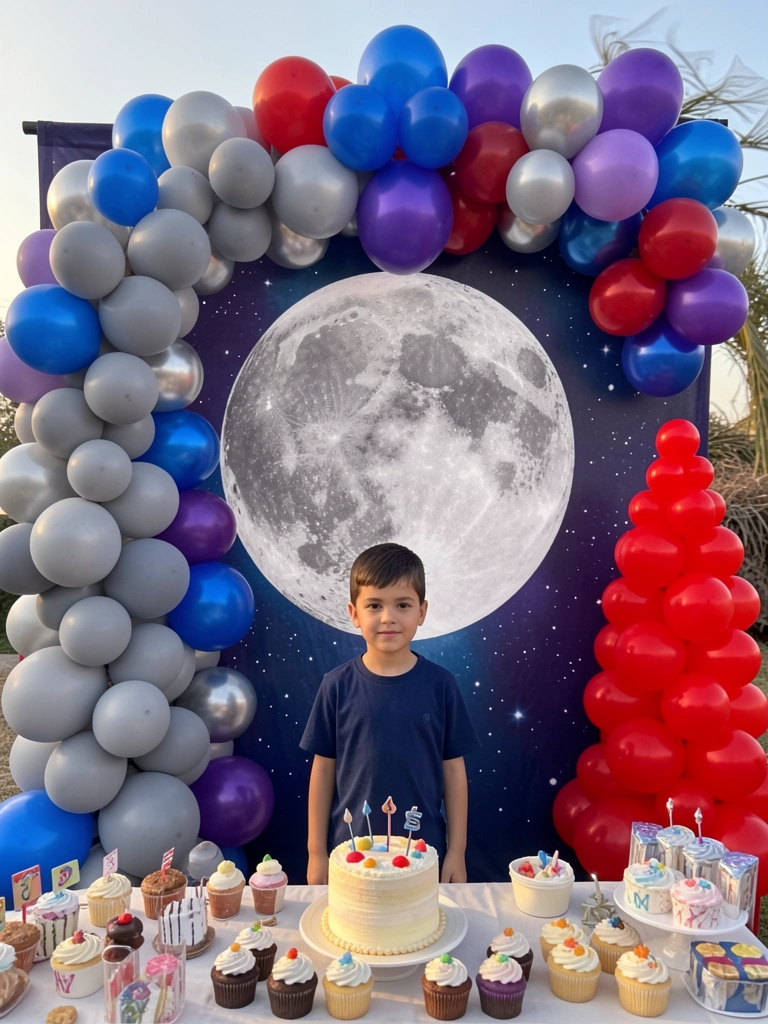 Menino de camiseta azul escura em frente a painel festivo com lua e balões coloridos, arco cinza à esquerda e árvore de balões vermelha à direita, mesa com bolo e cupcakes em primeiro plano, luz natural externa.