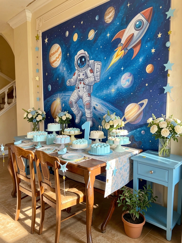 Mural azul com astronauta, foguete e planetas; mesa longa com cupcakes e bolo; cadeiras de madeira com flores e estrelas; luz natural.