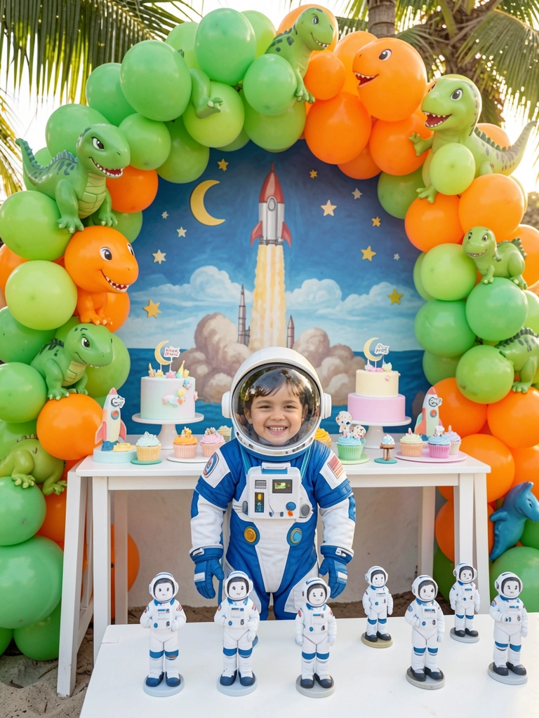 Criança com roupa de astronauta sorri sob arco de balões verdes e laranja com dinossauros, mesa com bolos pastéis e foguetes miniatura, luz natural.