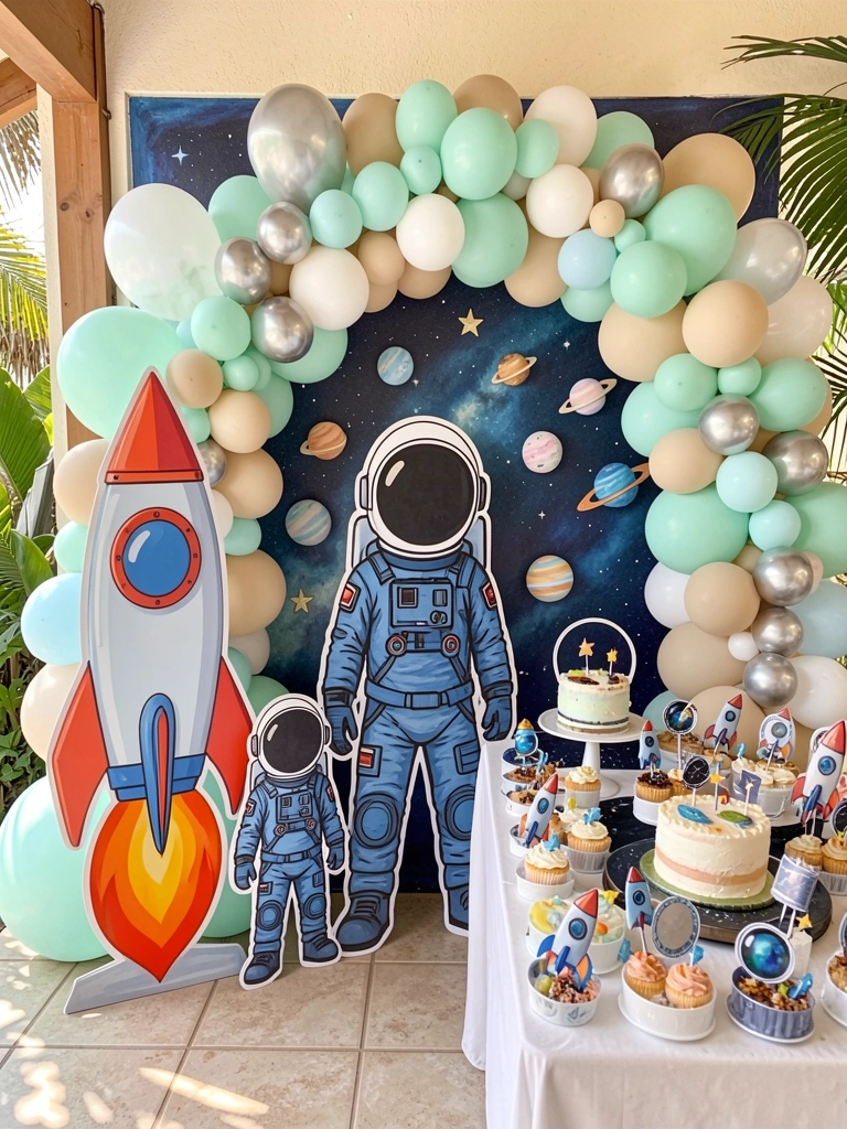Astronauta de recorte em traje azul e branco ao lado de foguete colorido com chamas, arco de balões verde-menta e bege, mesa com bolo e cupcakes, fundo com mural de céu estrelado.
