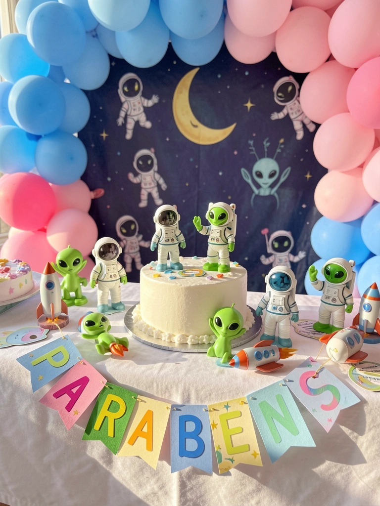 Bolo branco com astronautas e aliens em miniatura, banner 