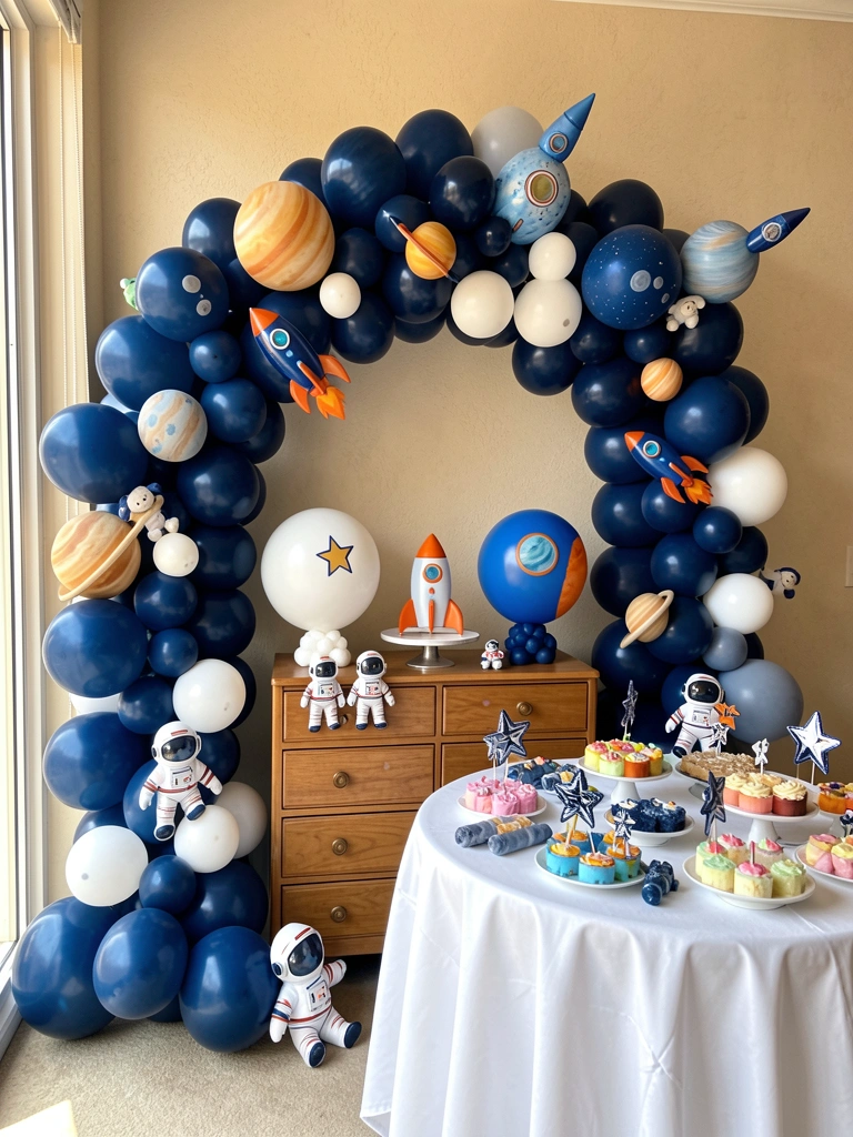 Balão astronauta laranja e azul sobre cômoda de madeira com bolo-foguete e bichinhos de pelúcia, luz natural.