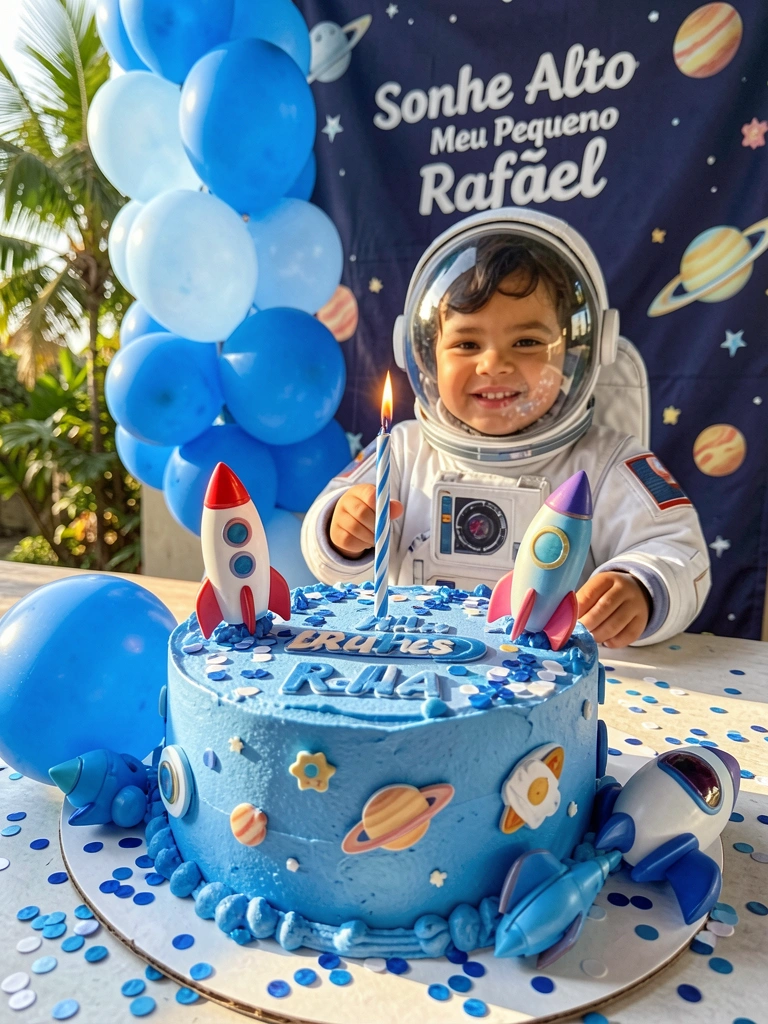 Bolo decorado com foguete e astronauta, criança sorrindo em traje espacial segurando vela, fundo com banner 