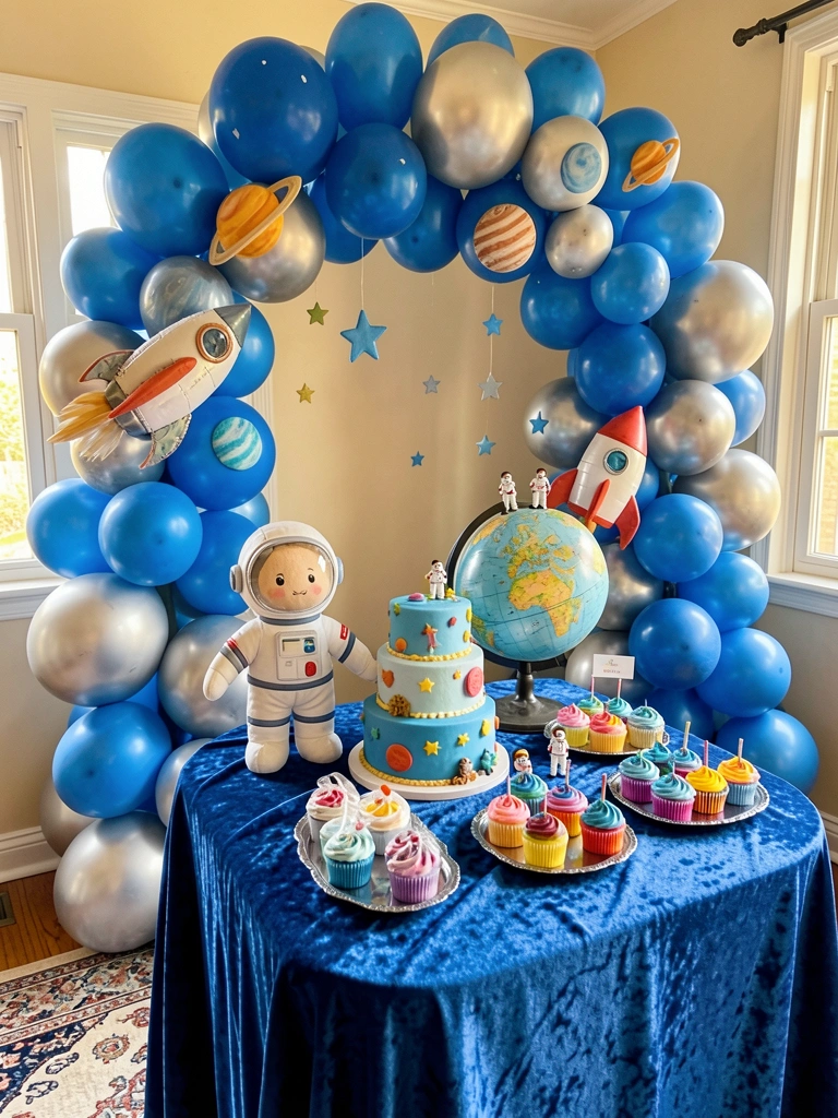 Balão azul e prateado em arco decorado com planetas, estrelas e foguete; bolo de camadas com planetas comestíveis, ursinho astronauta e cupcakes em bandejas sobre toalha de veludo azul.