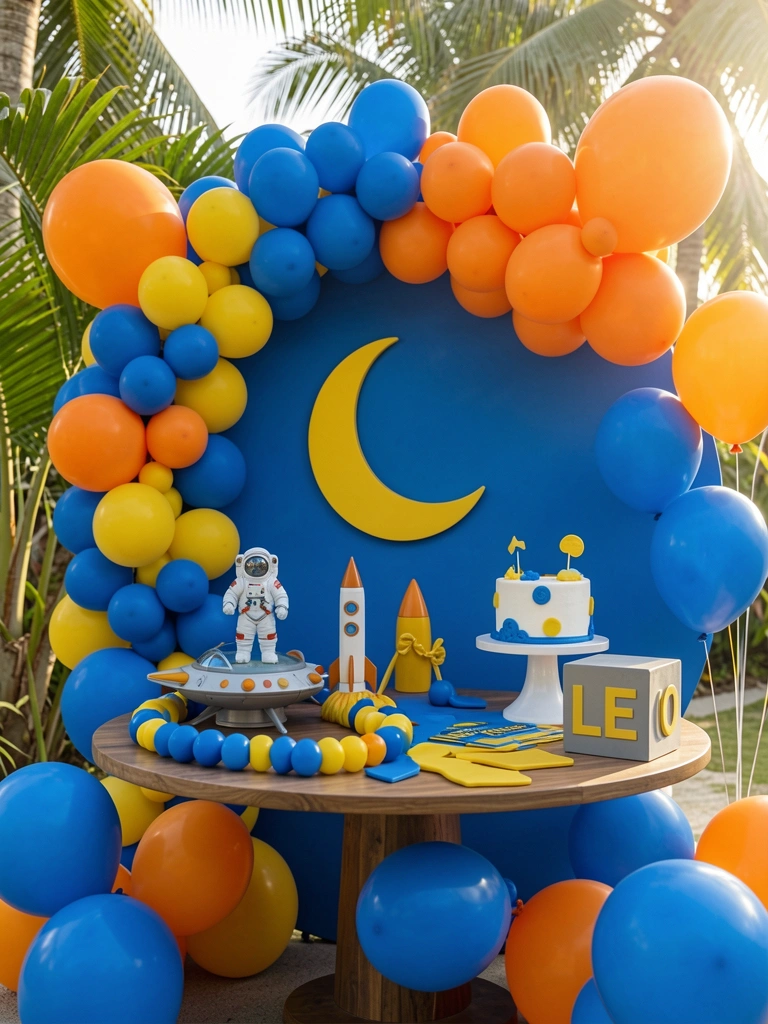 Mesa com centro de mesa espacial: astronauta, foguete, balões azuis e amarelos, bolo branco com detalhes azuis e amarelos, cubo cinza com nome LEO, fundo azul redondo com lua crescente e balões laranja.