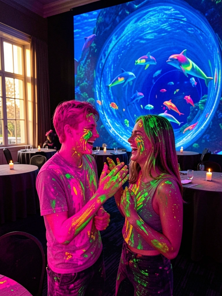 Neon pink, green, and yellow paint on two laughing people in a dark ballroom with ultraviolet lights simulating underwater dolphins and fish, candles on round tables, and soft daylight from windows.