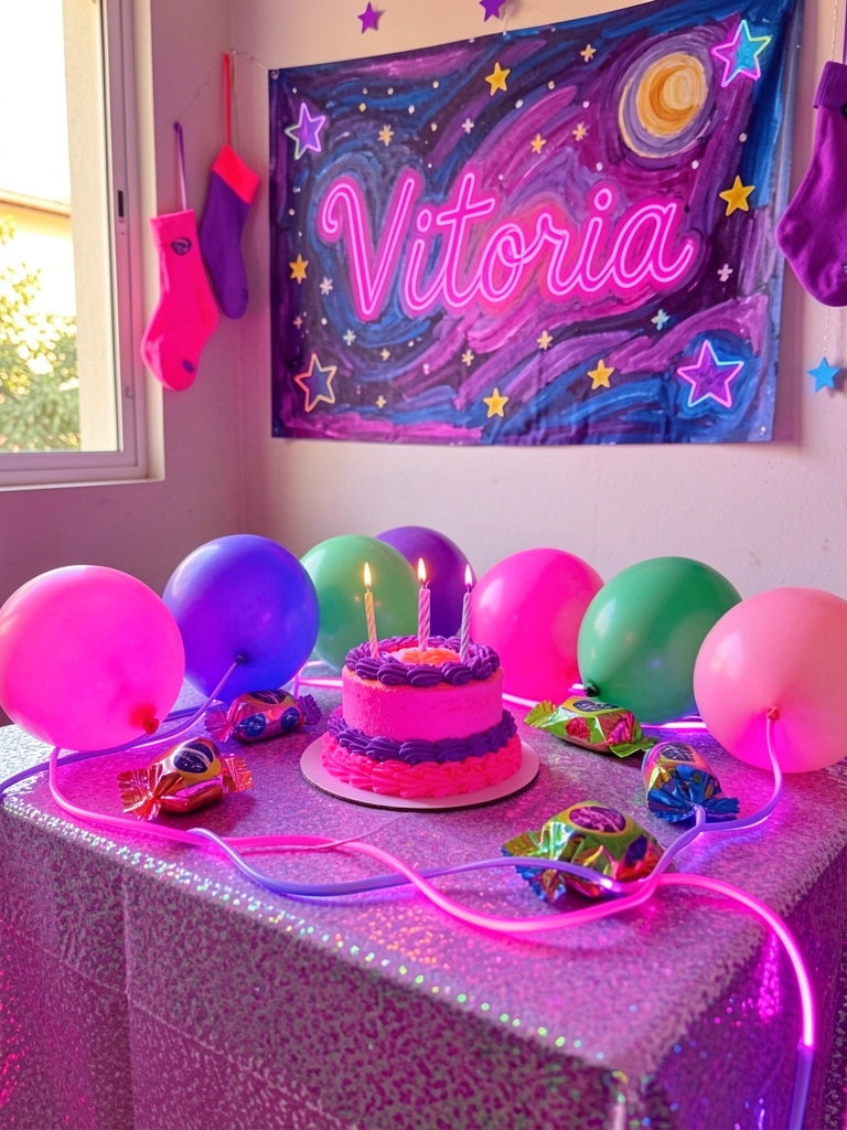 Mesa com toalha iridescente, bolo de dois andares com glacê rosa e roxo, balões coloridos e luzes neon penduradas. Ao fundo, banner pintado à mão com céu estrelado e o nome 
