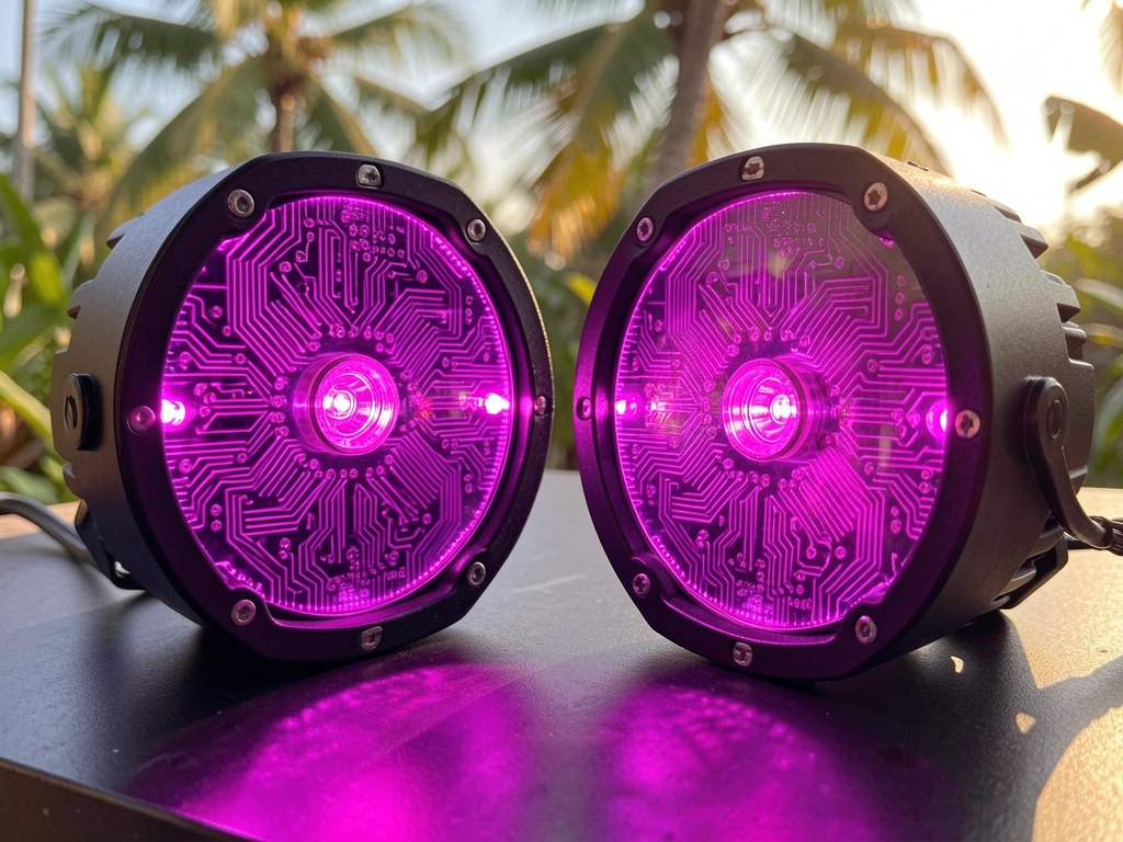 Luzes LED roxas com padrões geométricos brilhando em superfície escura, detalhes de placa de circuito visíveis, fundo desfocado com luz natural.