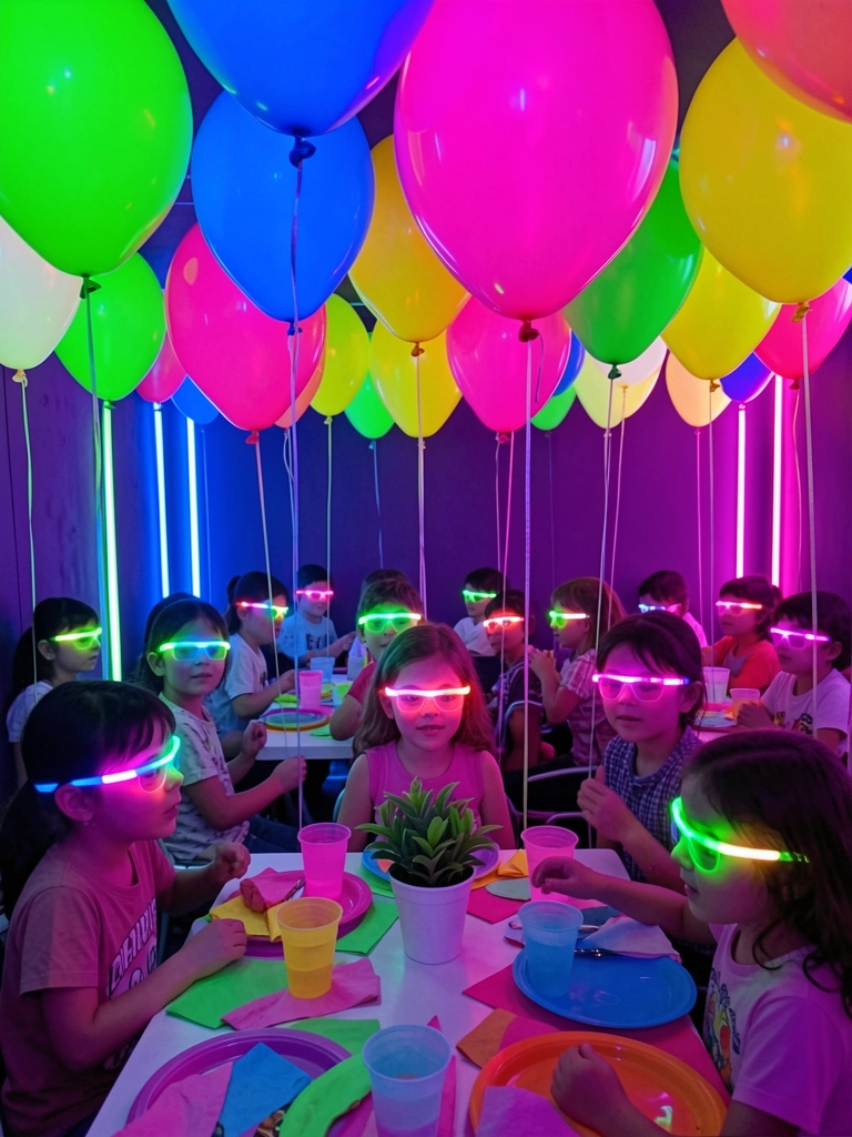 Bexigas neon verdes, azuis, rosa e amarelas pendem do teto roxo, crianças com óculos glowstick iluminados, mesa com pratos coloridos.