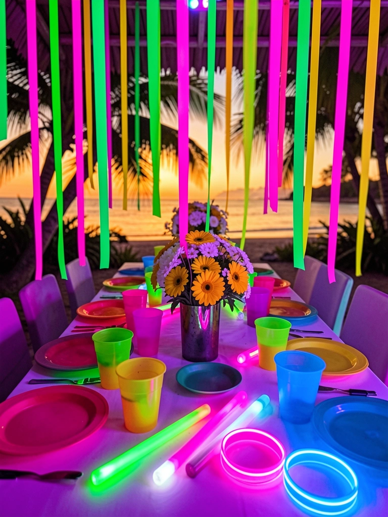 Mesa comprida com copos e pratos coloridos sob luz neon, fitas rosa, verde e amarela no teto, centro de flores amarelas e brancas.