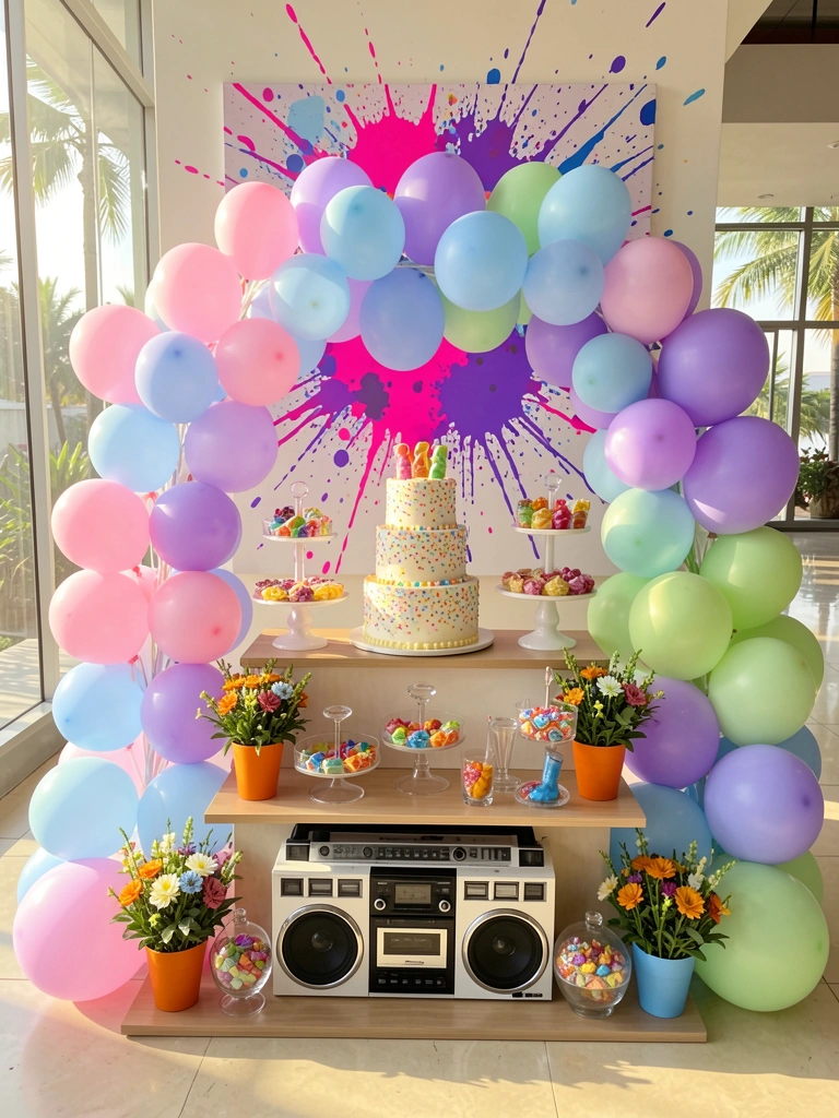 Bolo de três andares com granulados coloridos, balões em formato de coração e um rádio preto e branco sobre mesa iluminada por luz natural.