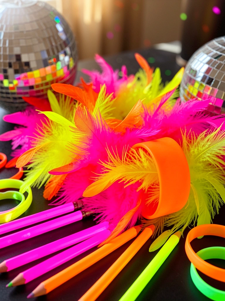 Close-up de uma boá de penas neon rosa, amarelo e laranja com pulseira neon laranja, lápis e pulseiras neon em superfície escura, luz natural e disco ball refletindo.