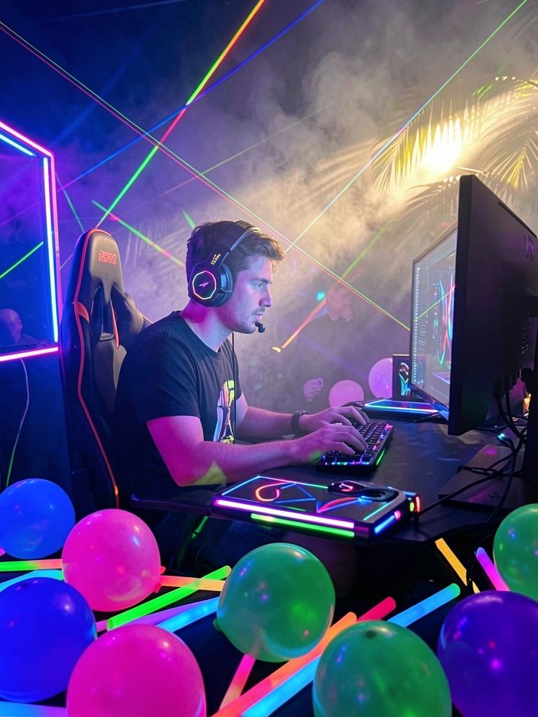 Close-up de fones de ouvido e headset gamer iluminados por luzes neon rosa, azul, verde e roxa, com glow sticks e balões no chão, fundo esfumaçado com blacklights.