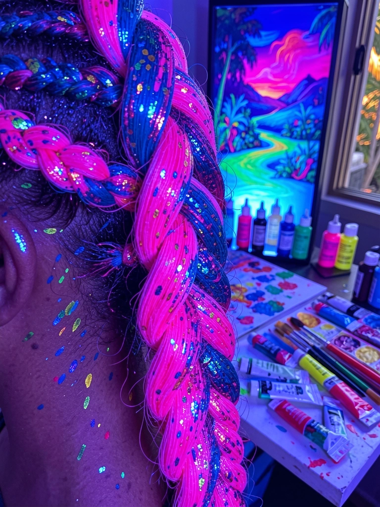 Neon paint splatters and iridescent glitter on a braided hairstyle, with a display of paint bottles and a glowing landscape painting in blue and purple light.