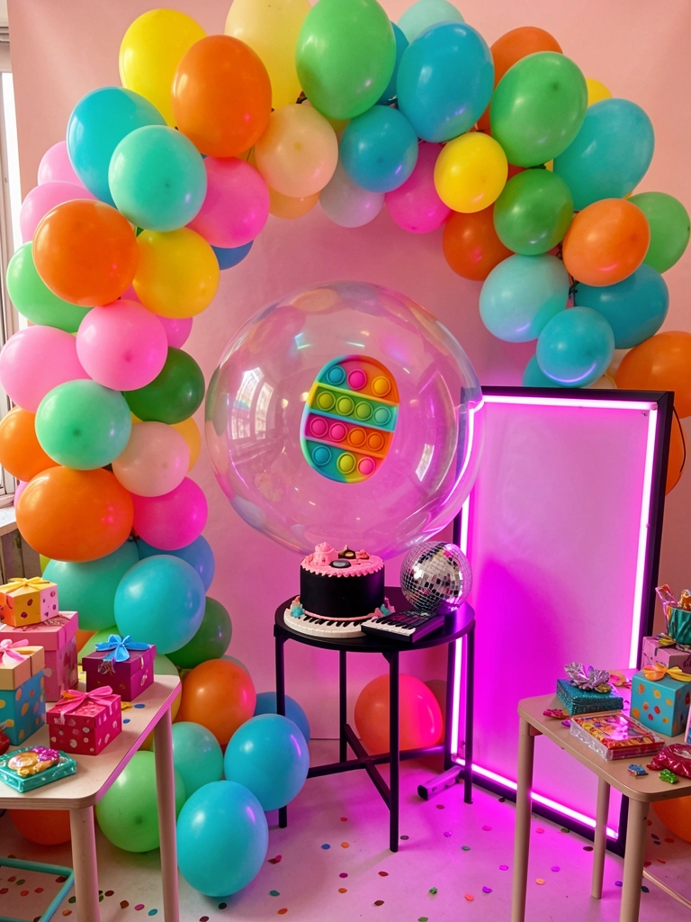Balões turquesa, verde, rosa, amarelo e laranja em torno de bolha iridescente com pop-it, bolo preto com glacê rosa e teclado mini, luz neon rosa e roxa no quadro preto, confetes espalhados.