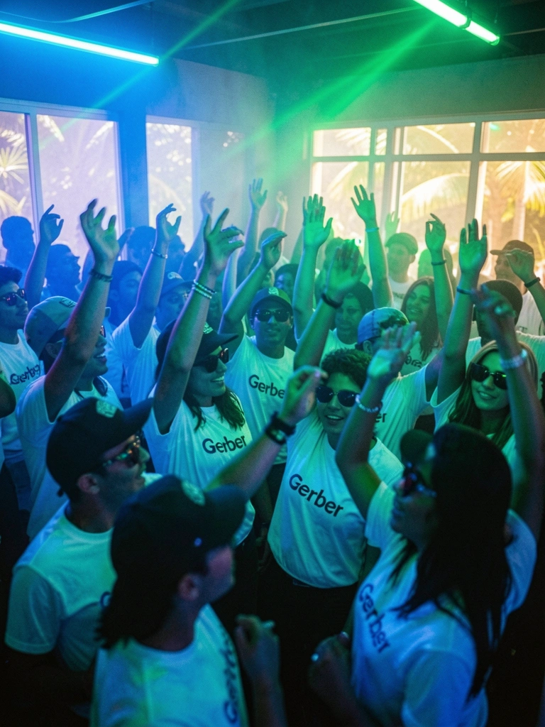 Jovens dançando em boate com luzes azuis e verdes, camisetas brancas com logo Gerber, braços levantados, desfoque de movimento.