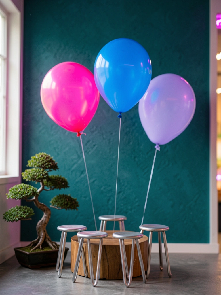 Três balões iridescentes rosa, azul e lavanda flutuam sobre pedestal redondo de madeira com banquetas prateadas, luz neon suave e bonsai à esquerda, parede verde-escura texturizada ao fundo.