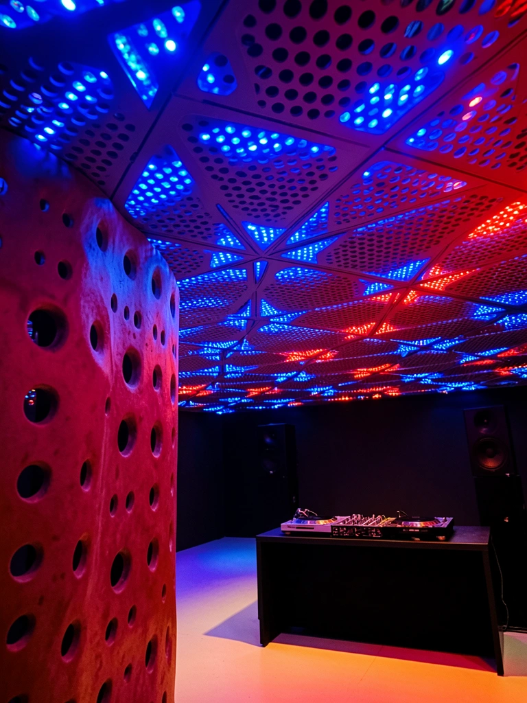 Teto com estrelas LED azuis e vermelhas, estrutura orgânica marrom-avermelhada à esquerda, mesa de DJ escura ao fundo, chão iluminado por luz suave.