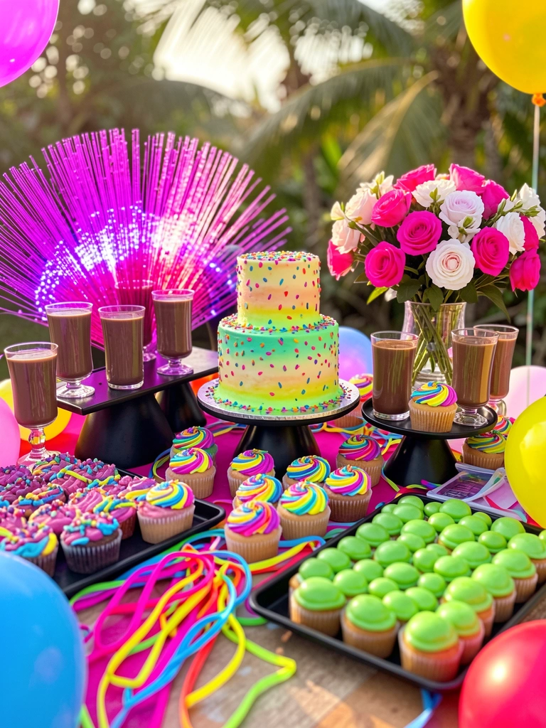 Mesa festiva com bolo de andares decorado com glacê neon e confete, cupcakes coloridos, copos com chocolate, bandeja de doces verdes, buquê de flores rosa e brancas, luzes de fibra ótica roxas e rosas, serpentinas e balões neon, luz natural.