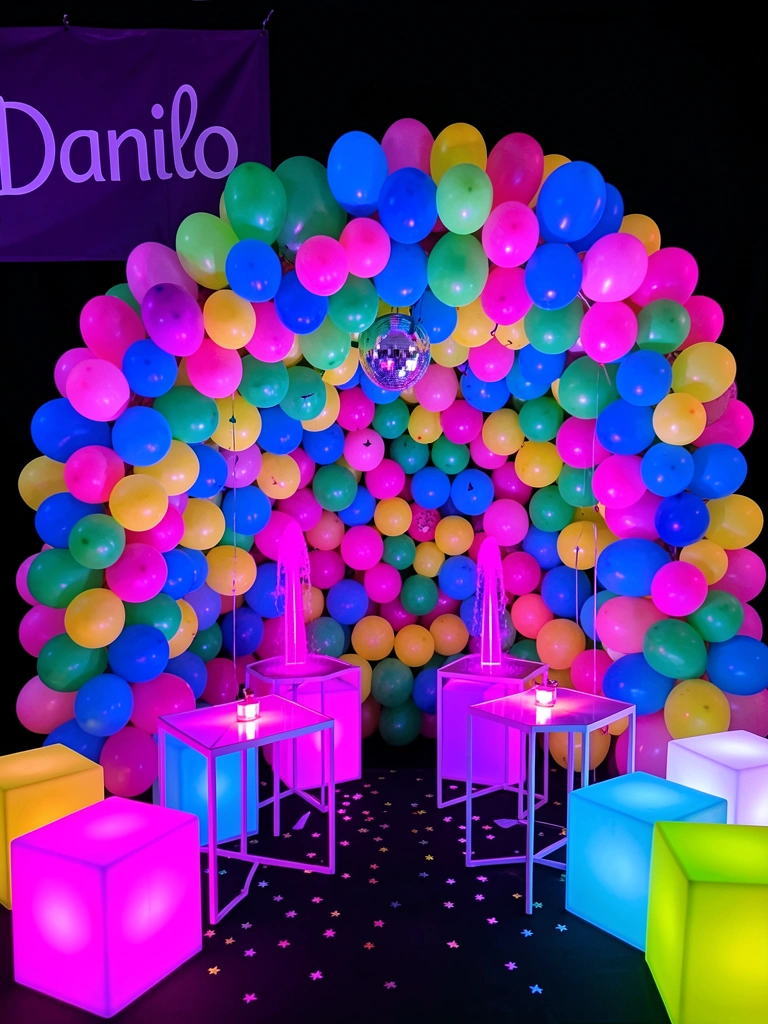 Arco de balões multicoloridos com confetes em formato de estrela, iluminação neon intensa e banco cúbico iluminado ao fundo escuro.