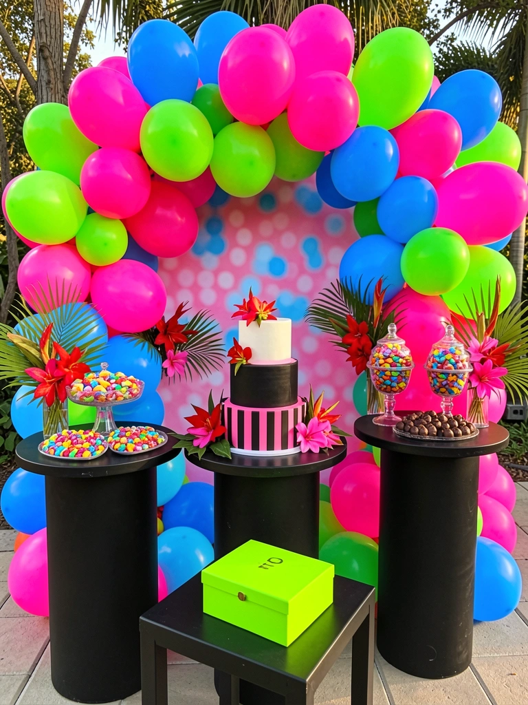 Bolo listrado de preto e rosa sobre mesa, cercado por balões neon e flores tropicais, luz natural intensa.