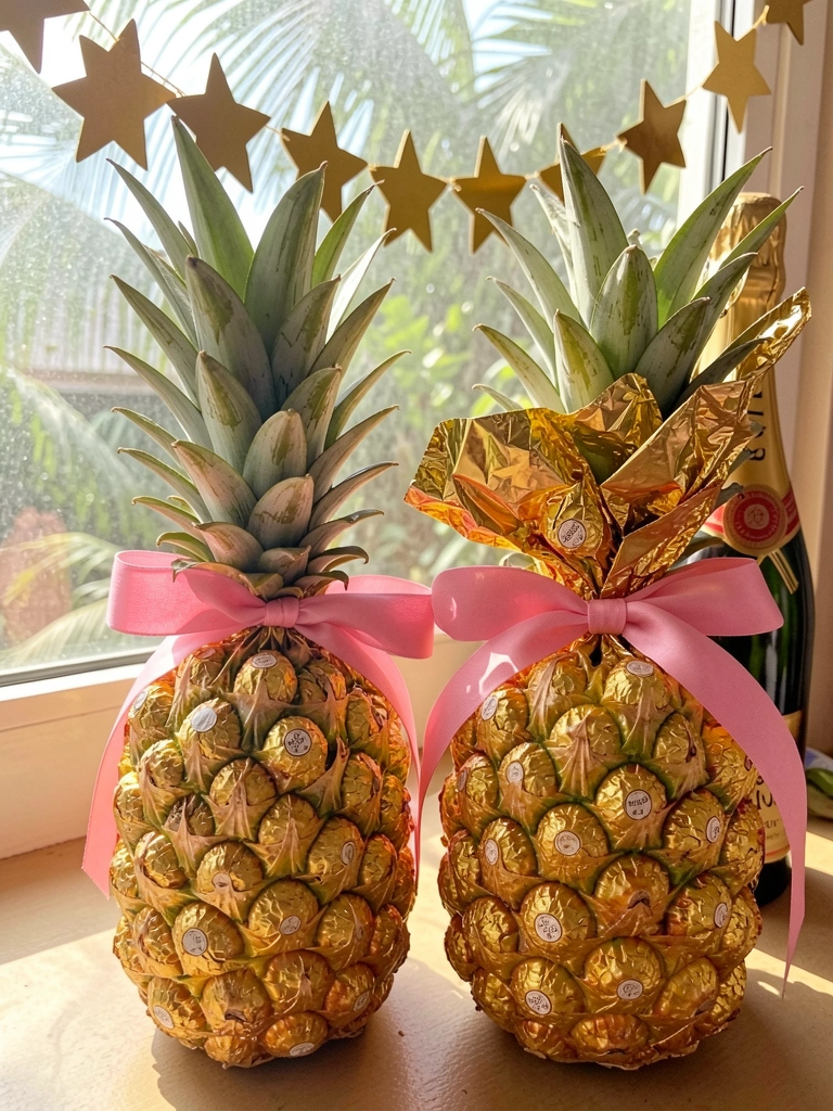 Abacaxis cobertos com Ferrero Rocher dourados, um com laço rosa, ao lado de garrafa de champanhe com estrelas douradas penduradas, luz natural filtrada.