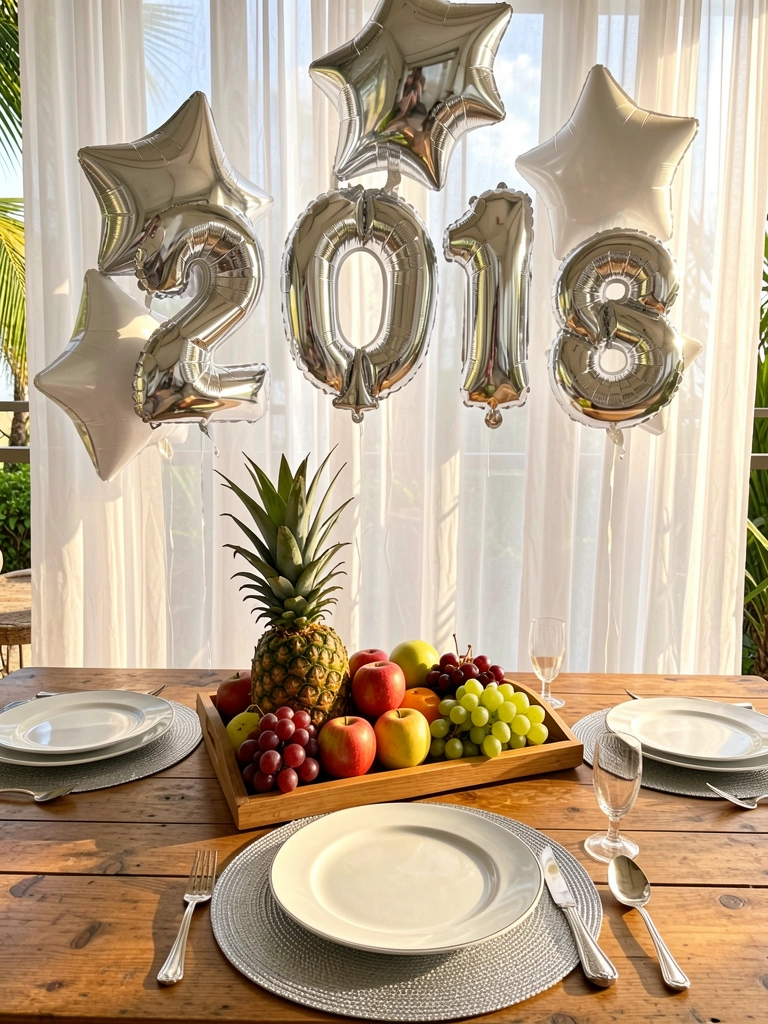 Mesa de madeira com sousplats prateados, frutas em bandeja e balões brancos e prateados em forma de estrela e do número 2018, luz natural de dia.