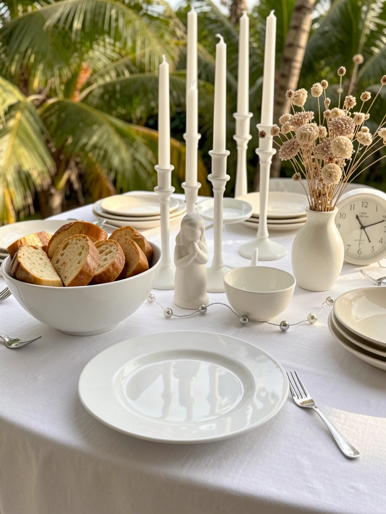 Mesa branca com tigela de pão, prato com garfo, castiçais e vaso com flores secas, luz natural.