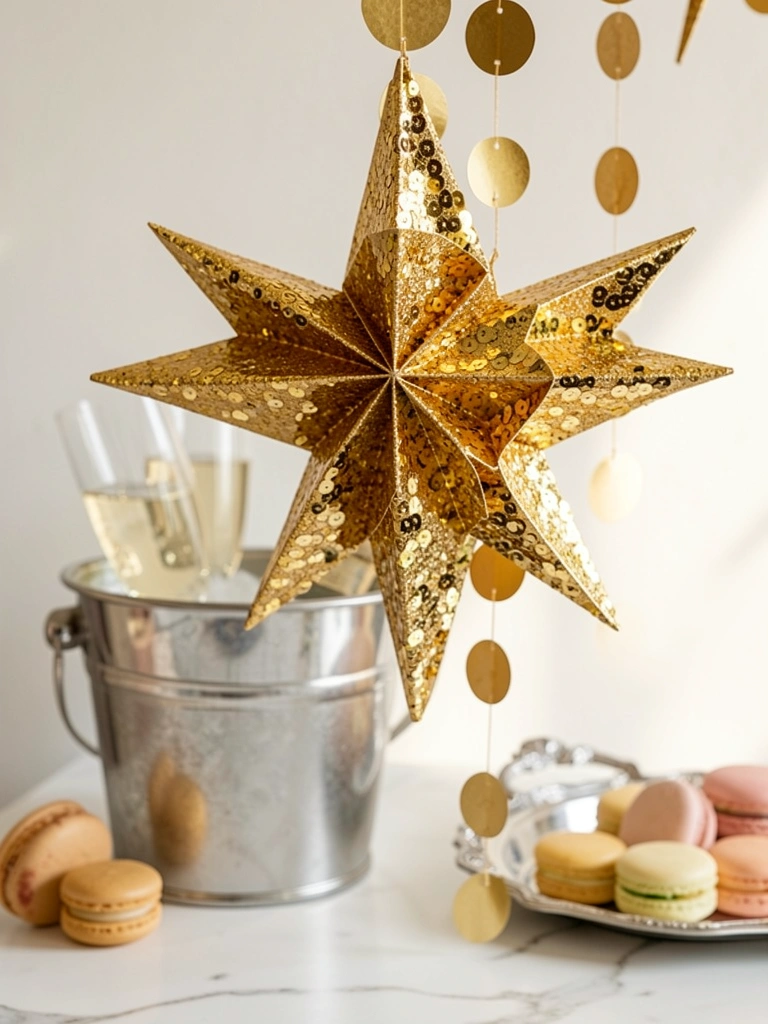 Estrela de papel dourada com brilho e guirlanda de discos dourados sobre balde de champanhe prateado com gelo e taças em mármore branco, luz natural suave.