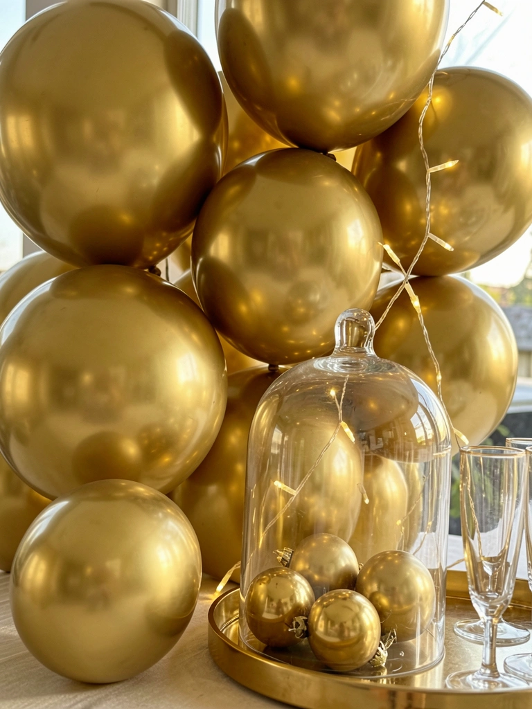 Balões metálicos dourados e ornamentos sob globo de vidro, com luzes de fada e bandeja de champanhe em primeiro plano, tudo sob luz natural.