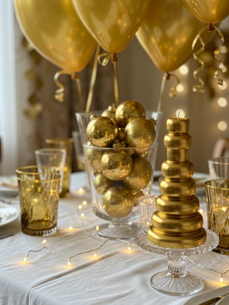 Mesa posta com toalha branca, velas douradas em castiçal de cristal e balões dourados suspensos, luz natural quente com bokeh ao fundo.