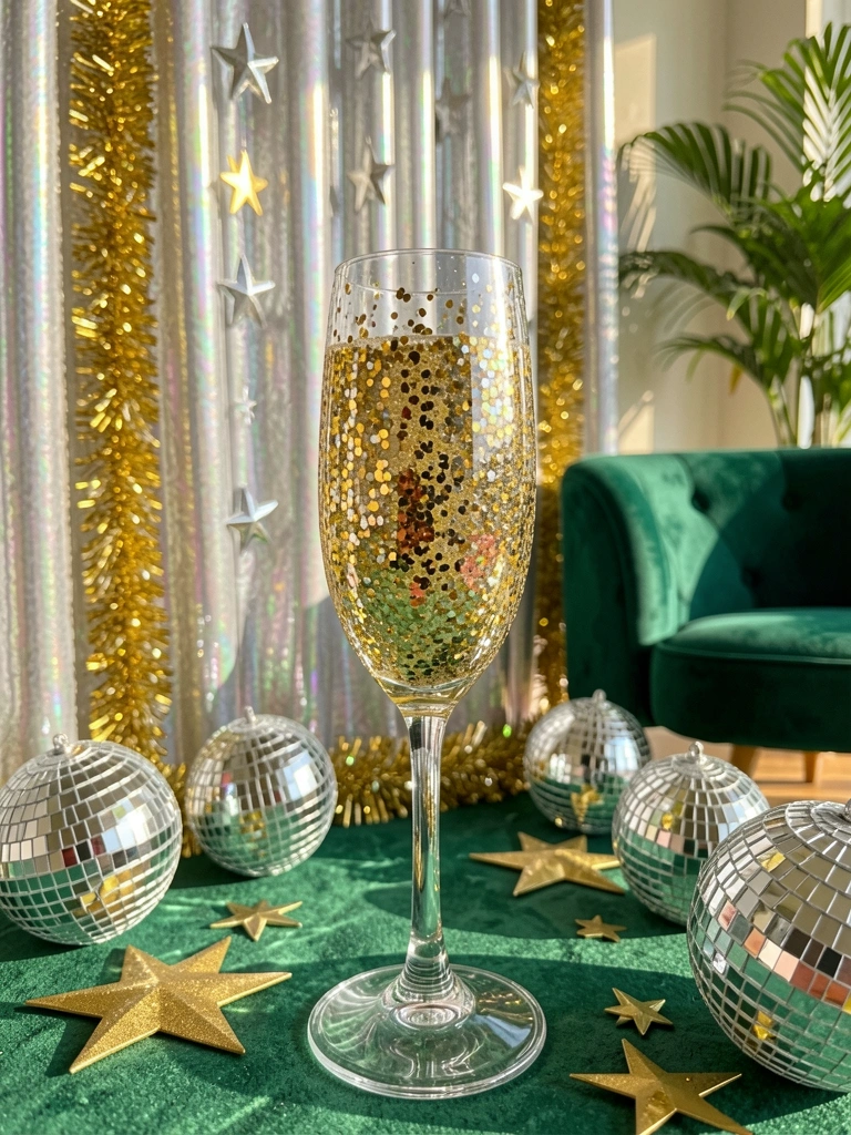 Taça de champanhe coberta de glitter dourado e prateado, com discos de espelho e estrelas douradas sobre fundo de cortinas iridescentes e poltrona verde-escura.