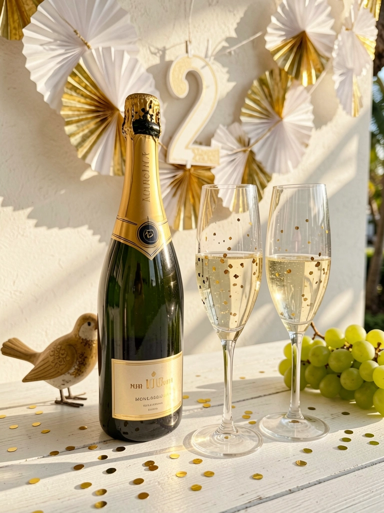 Garrafa de champanhe com detalhes dourados sobre mesa branca de madeira, flutes com pintas douradas e guirlanda de papel com número 