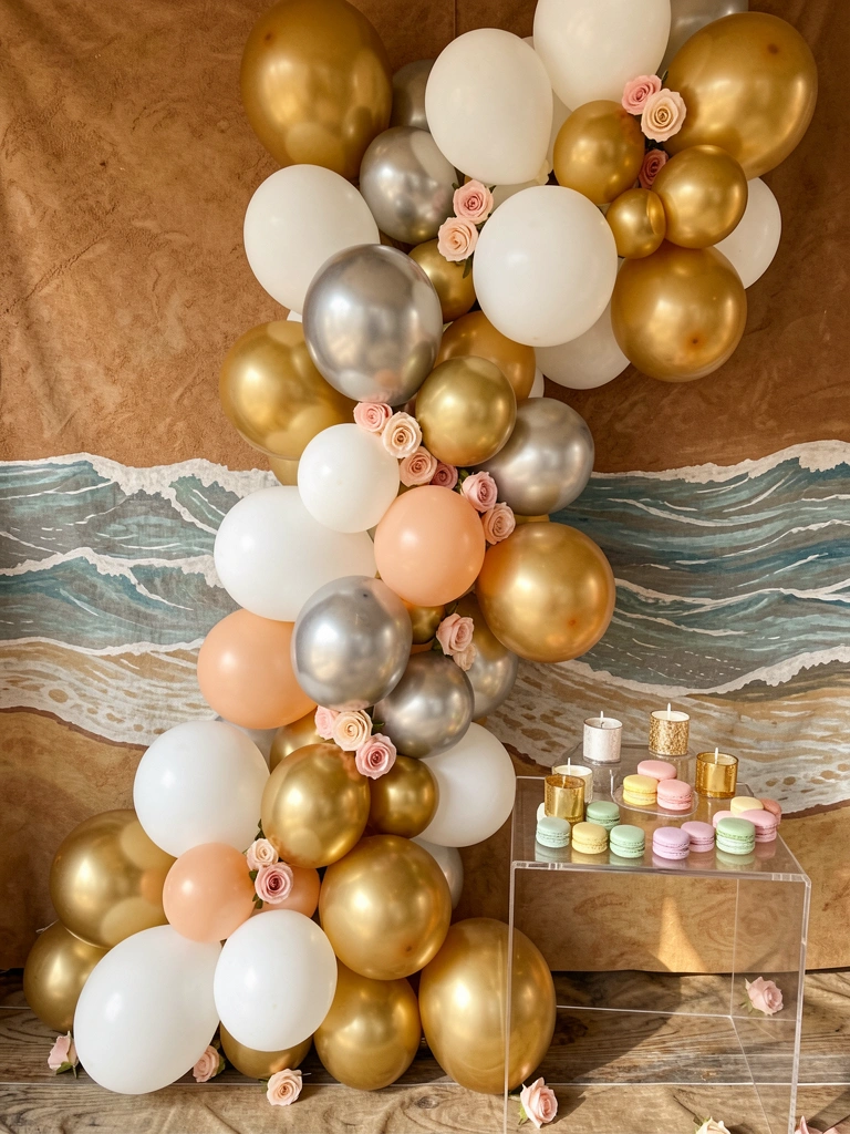 Balões dourados e prateados em cascata sobre fundo de madeira rústica com ondas pintadas, rosas cor-de-rosa e macarons pastel sobre mesa acrílica.