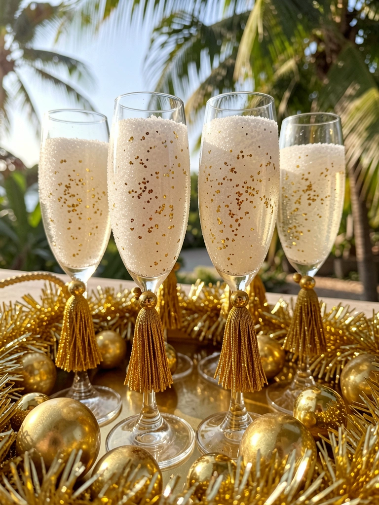 Quatro taças de champanhe com açúcar brilhante e glitter dourado, tasséis e esferas douradas sobre bandeja dourada, luz natural tropical.