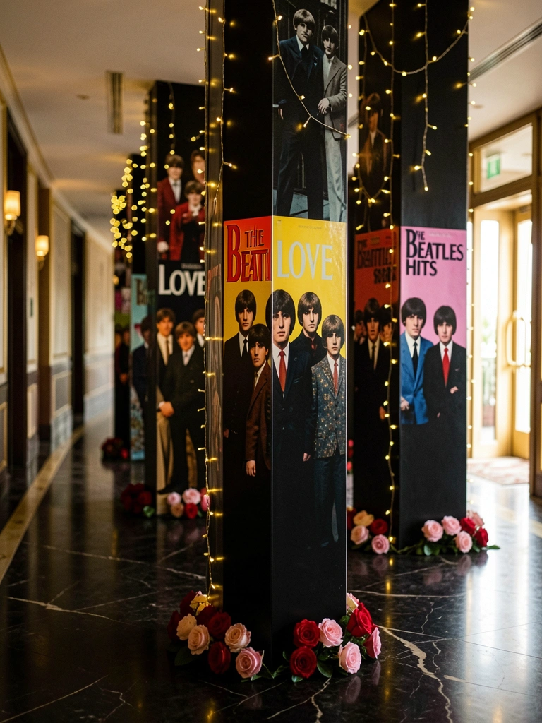 Corredor escuro com pilares pretos decorados com capas de álbuns dos Beatles, rosas vermelhas na base e luzes de fadas, piso de mármore e detalhes dourados.