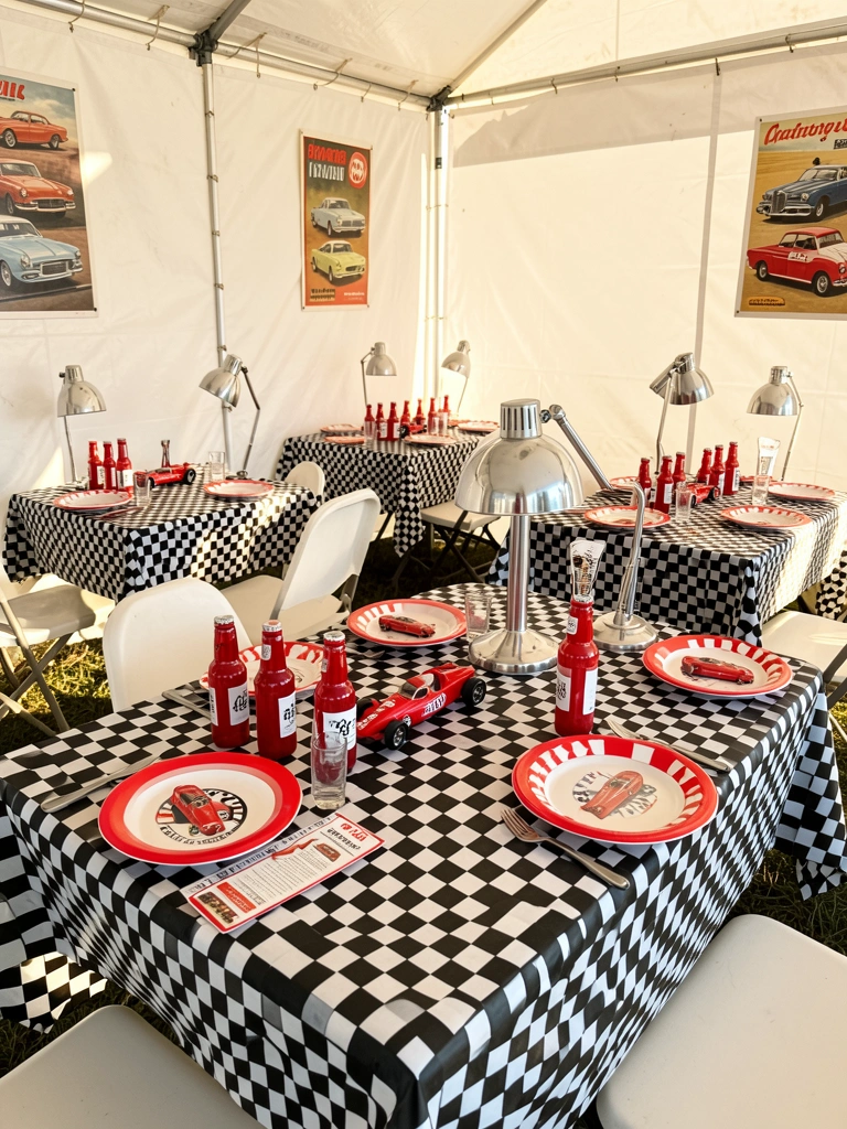 Mesa com toalha xadrez preta e branca, garrafinhas vermelhas e carrinhos de corrida em miniatura como centro, luz natural sob tenda branca.