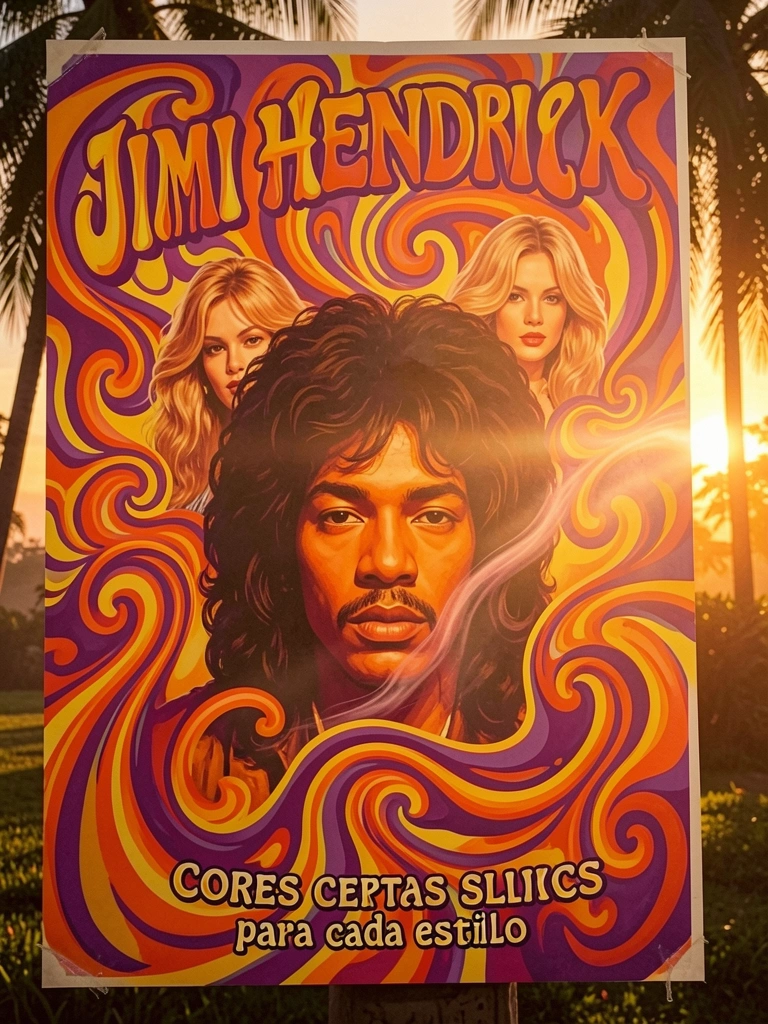 Pôster psicodélico de Jimi Hendrix e Grace Slick em laranja, roxo e amarelo, com padrões rodopiantes e luz de pôr do sol tropical.