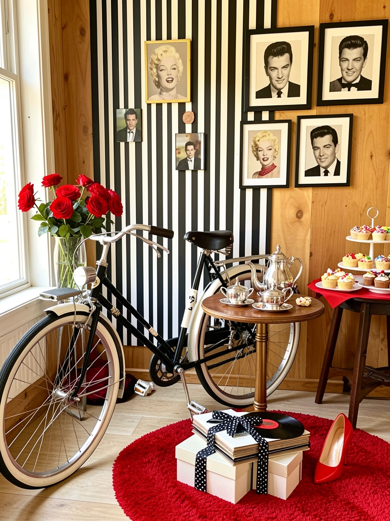 Bicicleta preta e branca com rosas vermelhas em vaso, mesa com conjunto de chá prateado e discos de vinil empilhados, parede de madeira com painéis listrados e retratos de Marilyn Monroe e Elvis Presley.