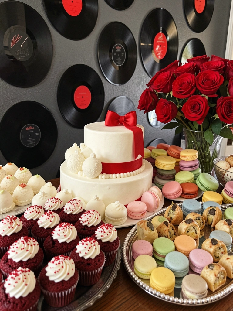 Mesa decorada com cupcakes de veludo vermelho, macarons coloridos e rosas vermelhas; discos de vinil na parede cinza escuro e luz natural aquecida.