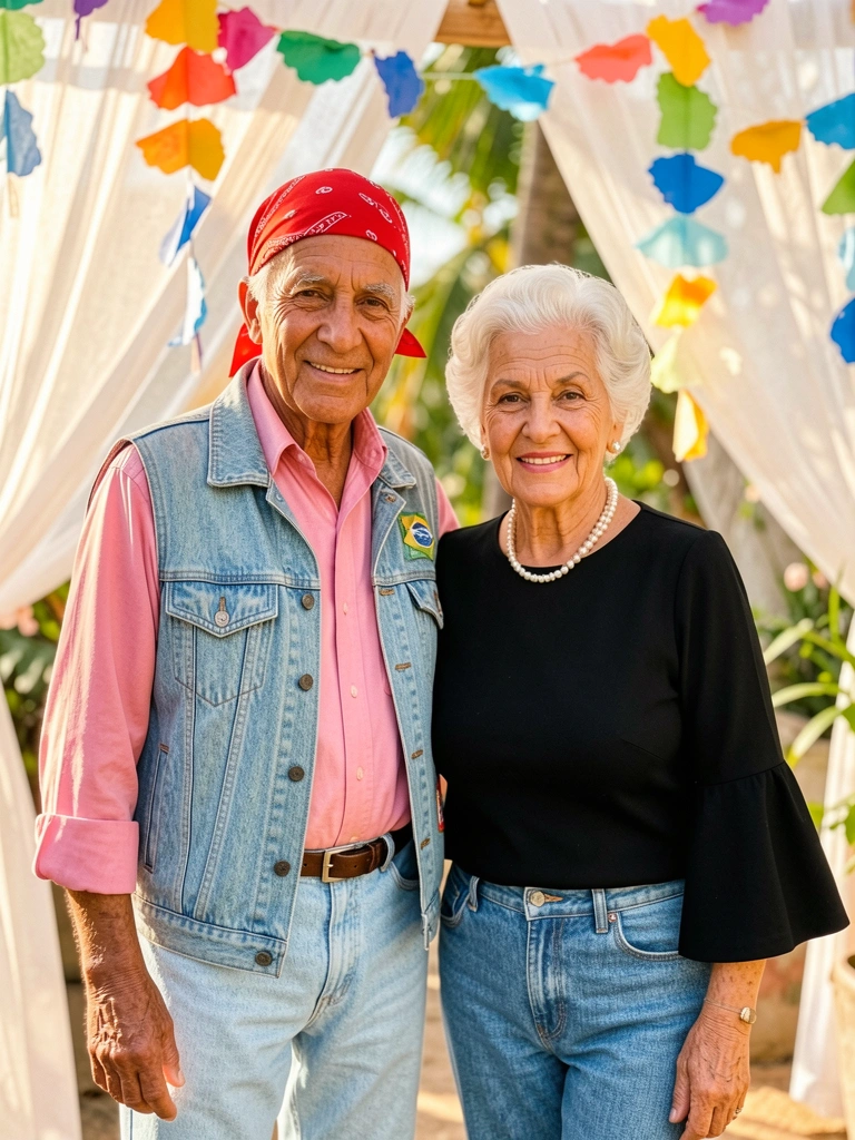 Homem com colete jeans e mulher de mangas sino, sob luz natural com cortinas e enfeites de papel ao fundo, desfoque suave.