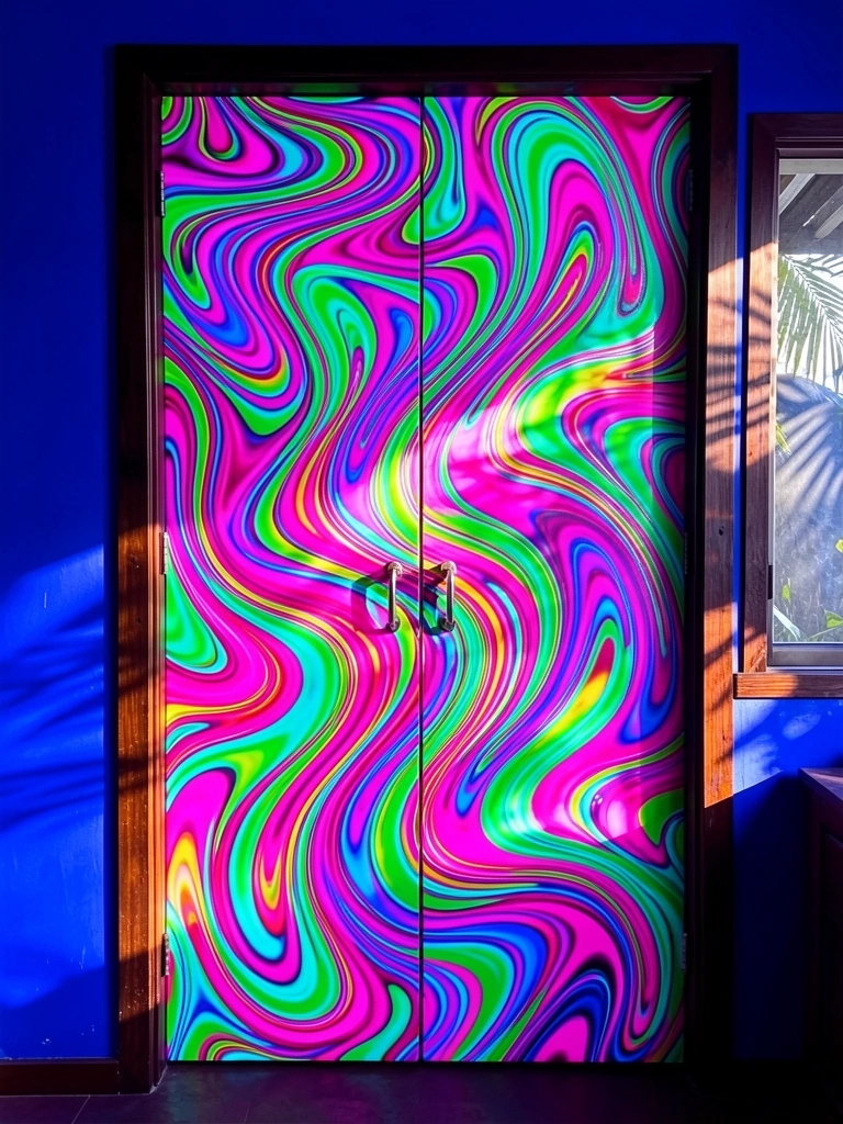 Porta dupla coberta por padrão psicodélico em neon rosa, verde e ciano, moldura escura e fundo azul saturado com luz solar filtrada.